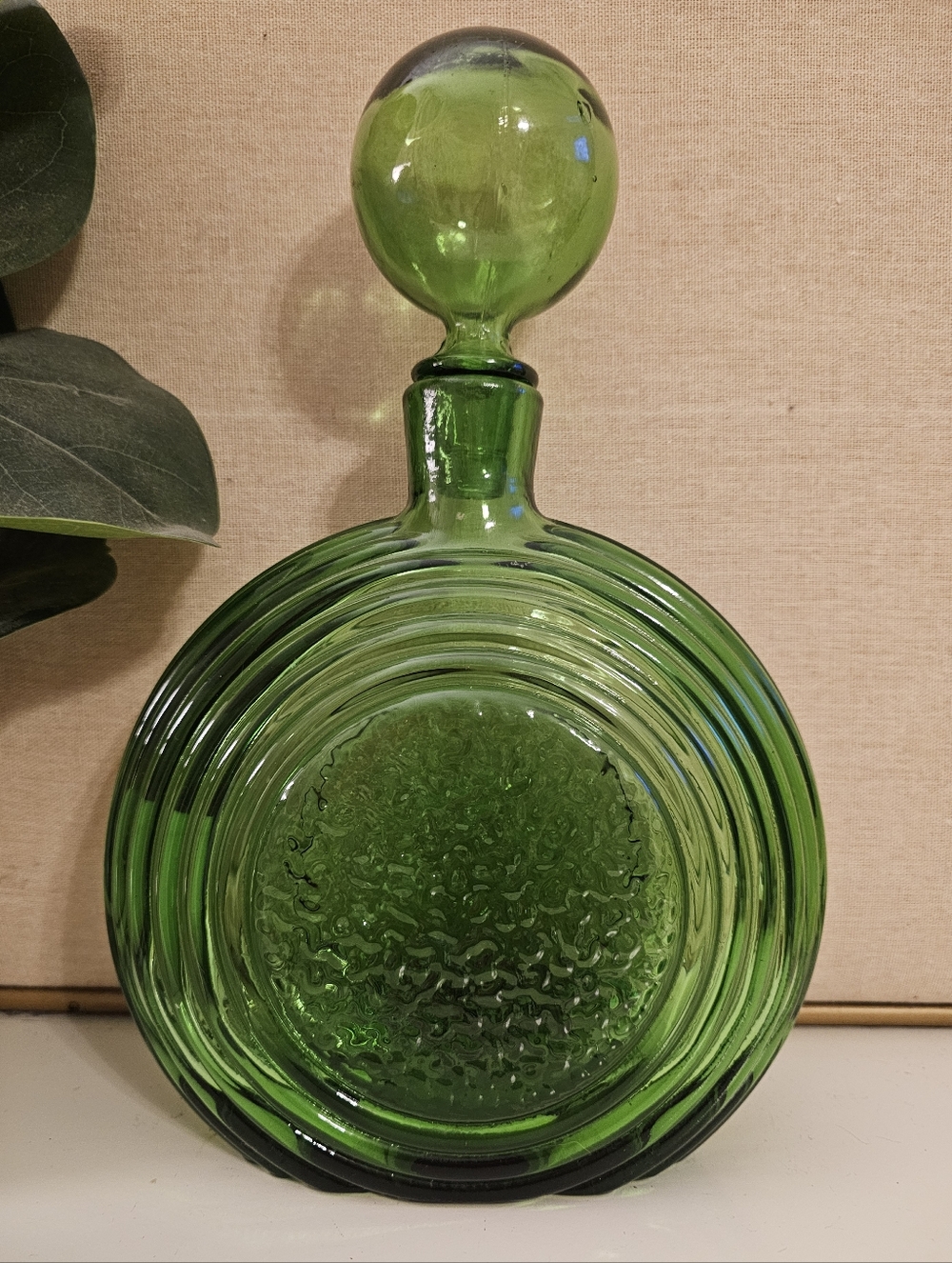 Italian Empoli Decanter Round Green Glass Circle Rossini Mid Century MCM Stopper